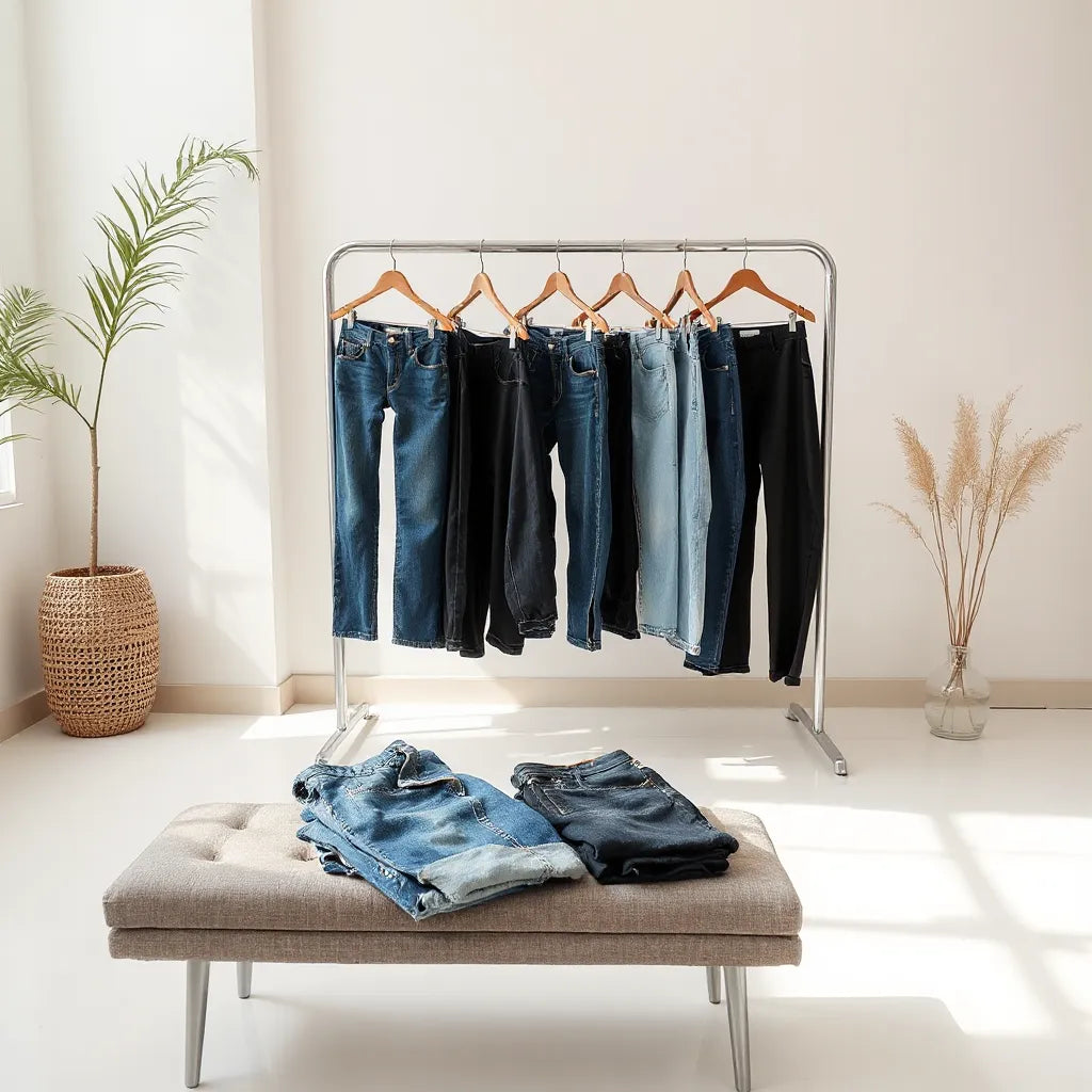 Mehrere Jeans in unterschiedlichen Waschungen und Passformen auf einem minimalistischen Präsentationsständer