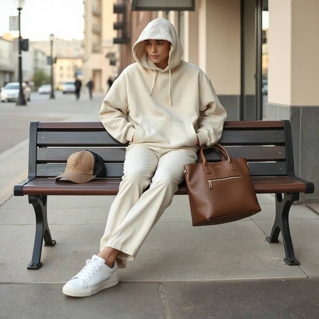 Neutrale Streetwear-Essentials Outfit-Schichtung mit klaren Linien, Stoffstrukturen und Farbblöcken