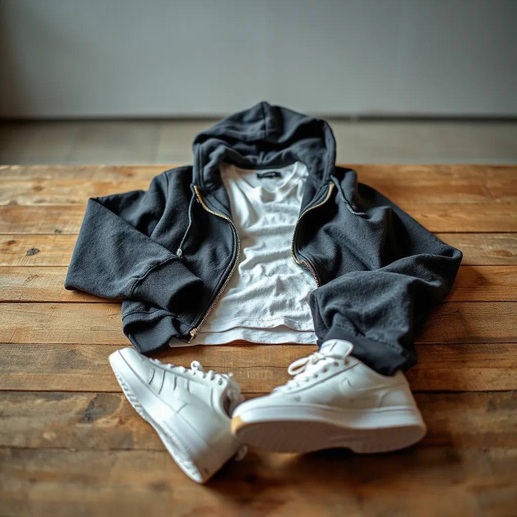 Schablonen, Messband und Stoffmuster als Symbole für Streetwear Qualität und Passformprüfung
