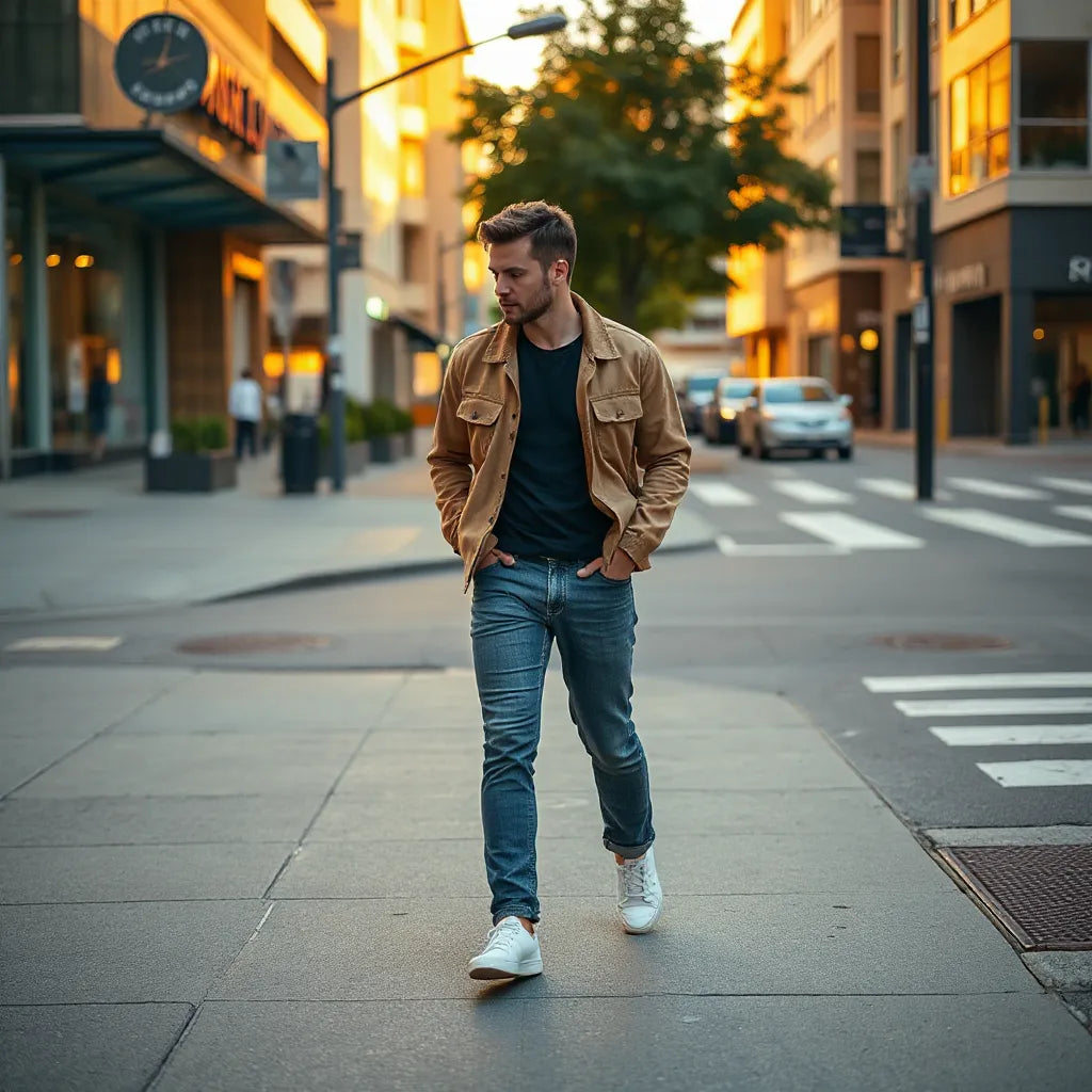 Stilvoll gekleidete Person mit Streetwear-Outfit in einer urbanen Straße bei goldenem Licht