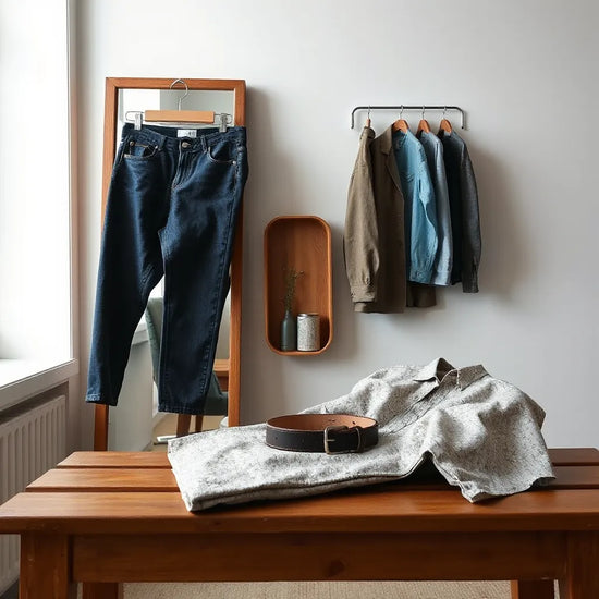 Herrenjeans mit klar sichtbarer Passform neben Hemd und Spiegel im hellen, minimalistischen Raum