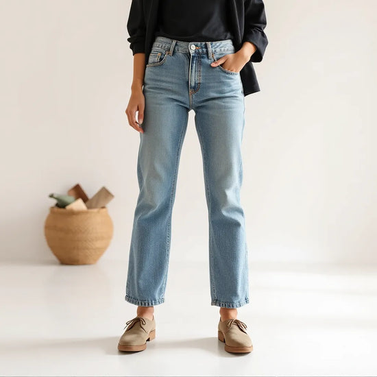 Modische lange Jeans an einer Person mit klarer Denim-Textur, idealer Länge und schlichtem Outfit