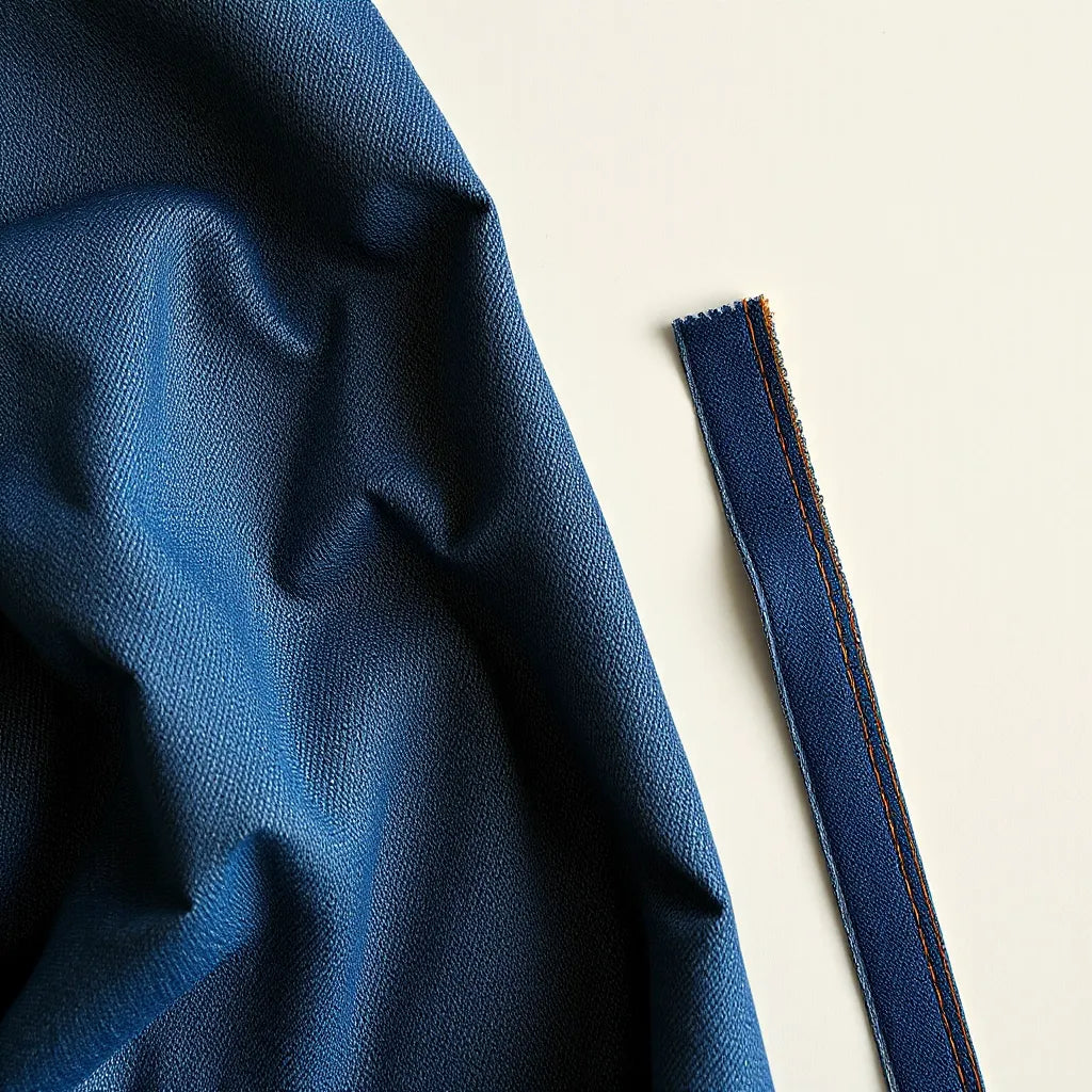 Nahaufnahme von hochwertigem Denim mit sichtbarer Webstruktur und präzisen Nähten