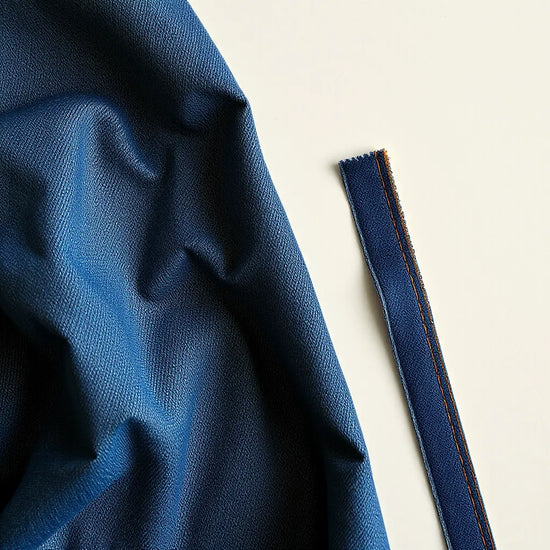 Nahaufnahme von hochwertigem Denim mit sichtbarer Webstruktur und präzisen Nähten