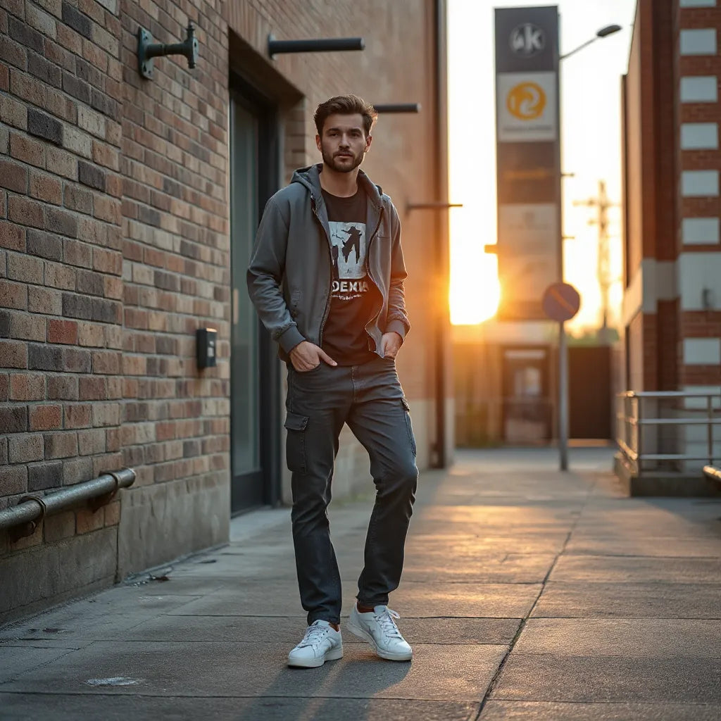 Mann im Streetwear-Look mit Hoodie, Jeans und Sneakern in einer urbanen Kulisse