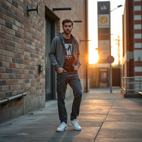 Mann im Streetwear-Look mit Hoodie, Jeans und Sneakern in einer urbanen Kulisse