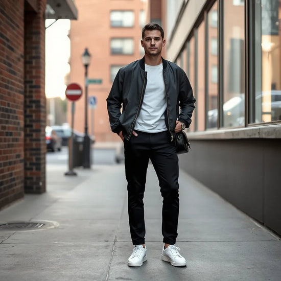 Monochrome minimal luxury streetwear outfit with premium jacket and clean sneakers on a city sidewalk