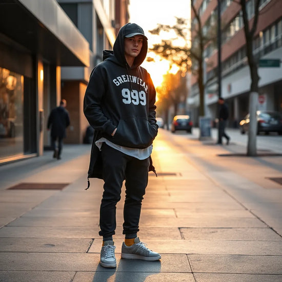 Streetwear-Outfit mit grafischem Hoodie, Layering-Jacke und auffälligen Sneakers auf einer Stadtstraße