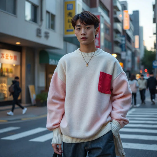 Person im Harajuku-Streetwear-Look mit lockerem Pullover, Schichten und auffälligen Accessoires in urbaner Umgebung