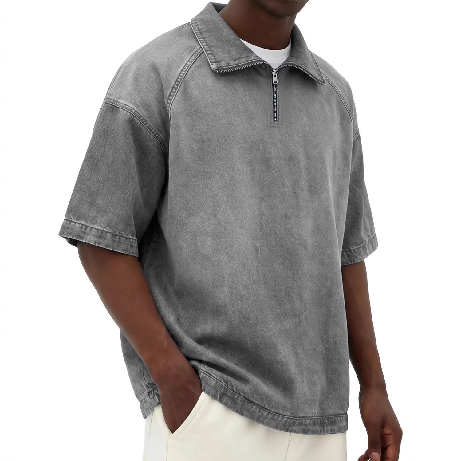 Mens Short-sleeve Lapel Zip-up T-shirt - Next Level