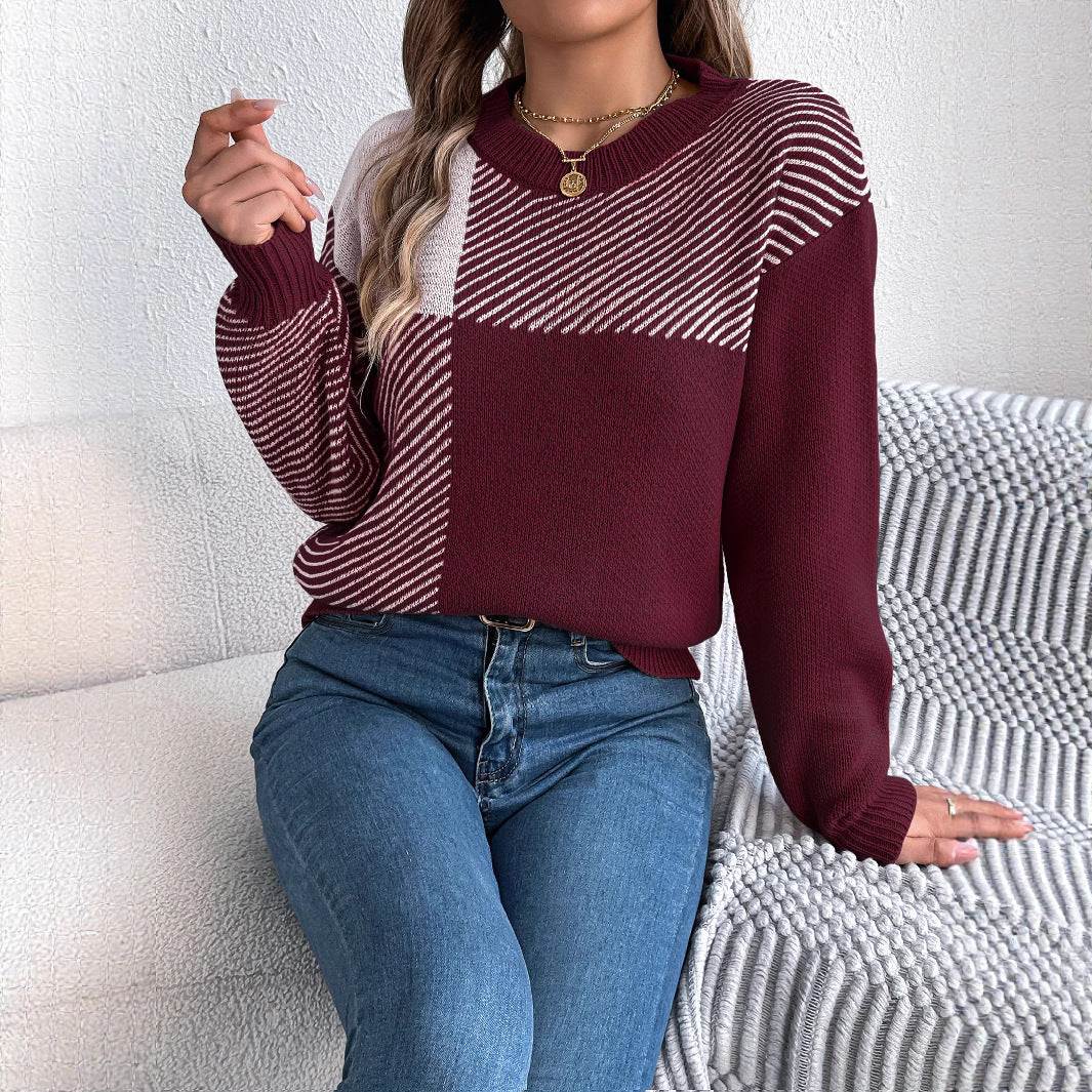 Damen Karo-Pullover mit Color-Block-Design und Kunstfell, langärmliger Streetwear-Pullover für kühle Tage