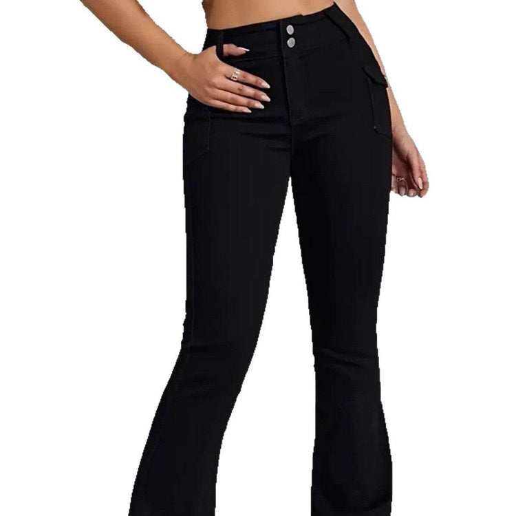 Damen Elastische Flared Jeans mit Ultra Low Waist, Knopfdetails und Slim Fit im Retro-Stil