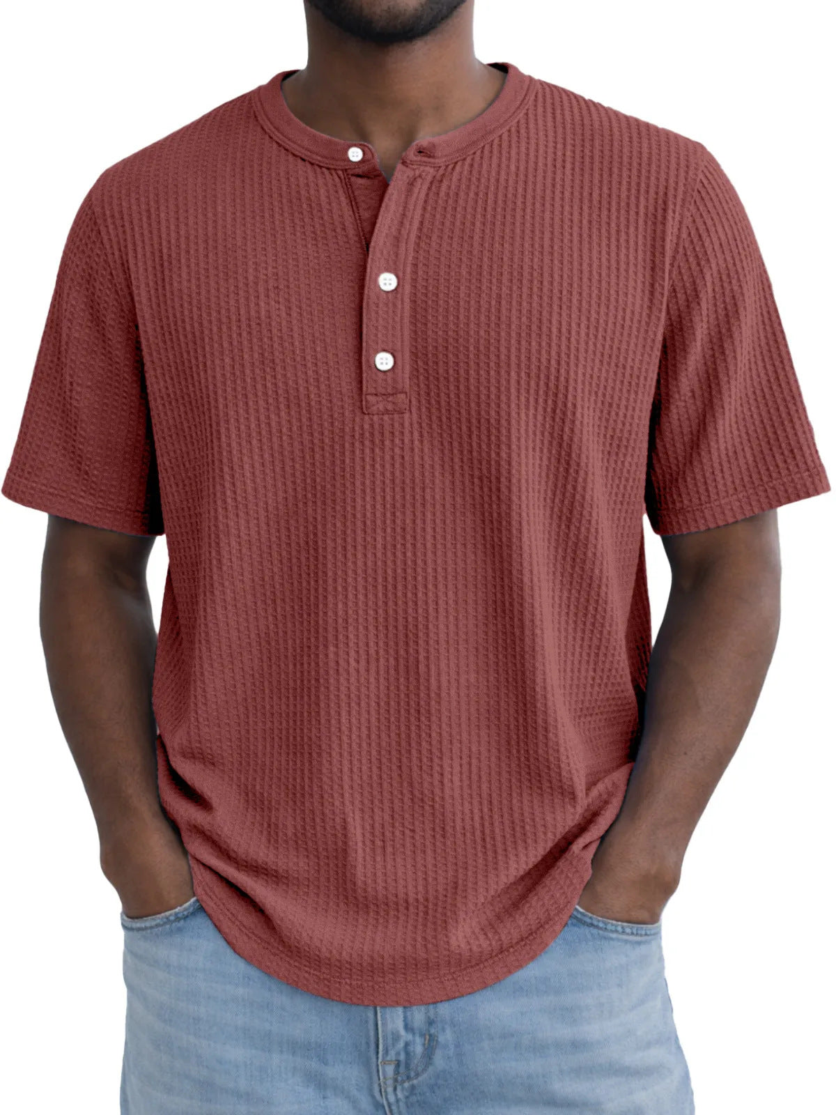 Short-Sleeve Waffle-Weave Henry Collar T-Shirt - Next Level