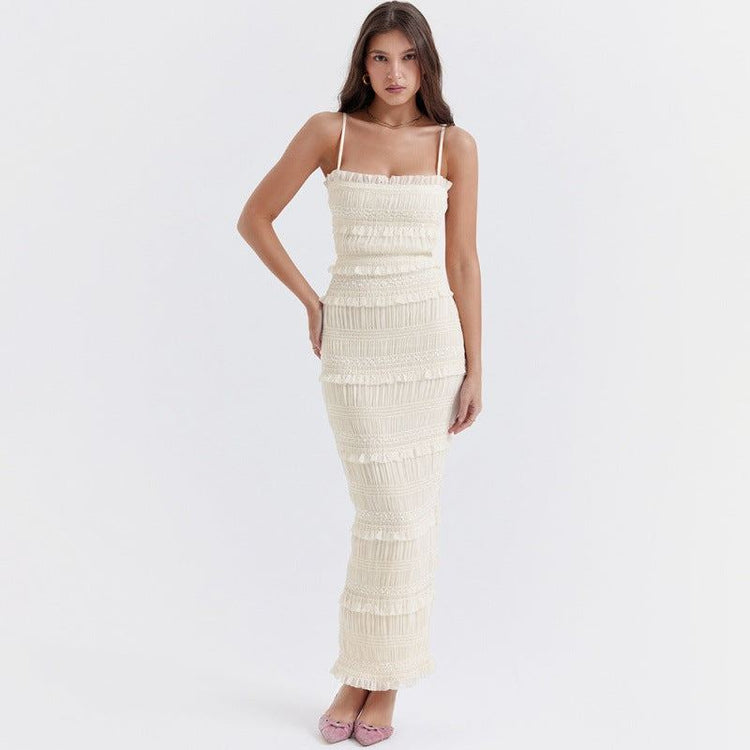 Elegantes Maxi Slip-Kleid elfenbeinweiß mit Pailletten-Trägern und bodenlanger, hochelastischer Passform