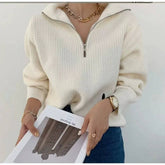 Damen Strickpullover in Creme mit lockerem Oversize-Design und Reißverschluss