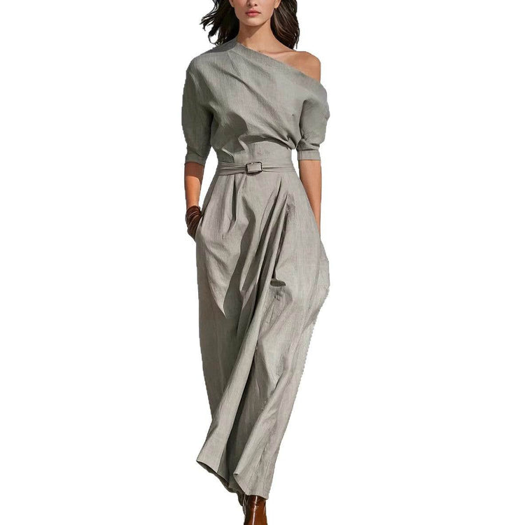 Damen Maxikleid langarm grau asymmetrisches One-Shoulder Maxikleid elegant bodenlang