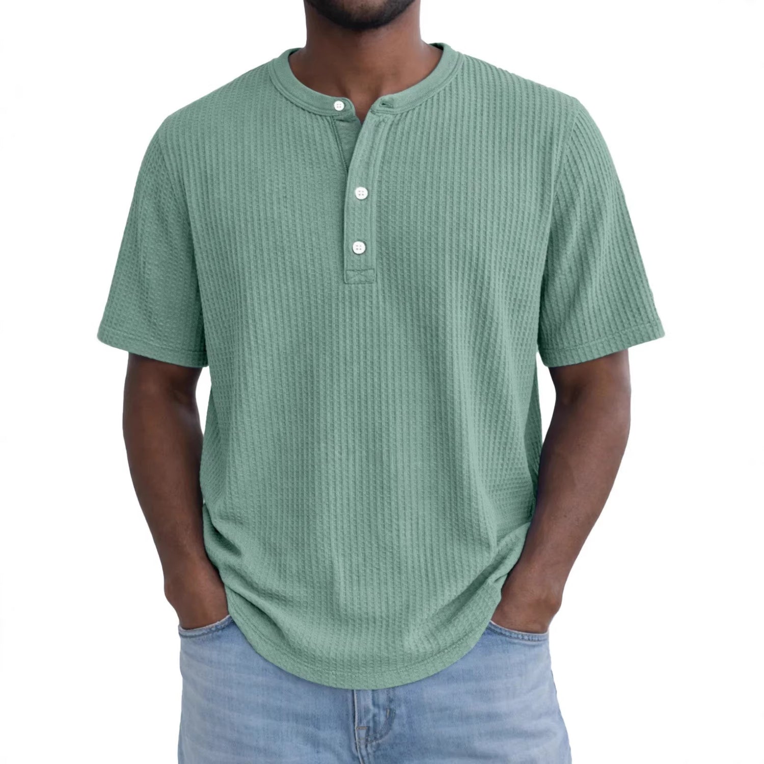 Short-Sleeve Waffle-Weave Henry Collar T-Shirt - Next Level