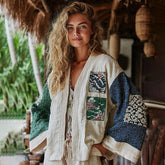 Damen Leinen Hemd Kurzarm ohne Knöpfe mit Ethno Print Shawl Design in neun Varianten