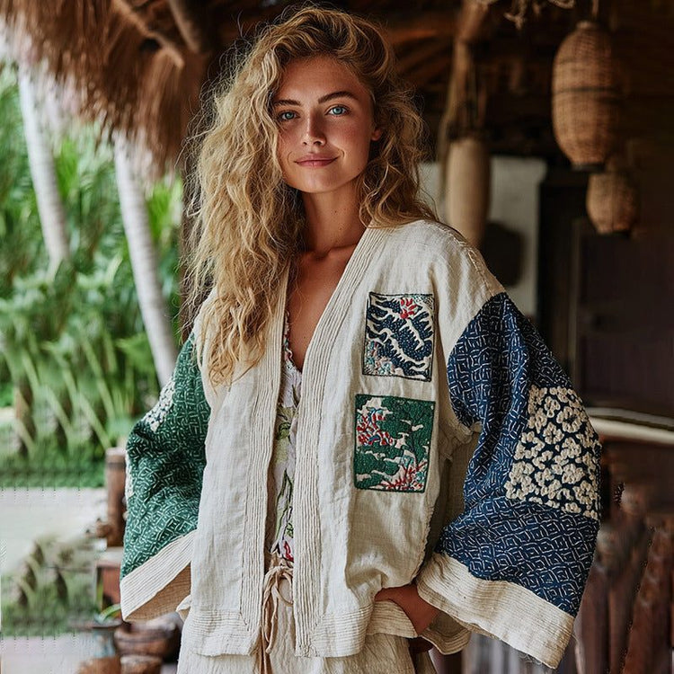 Damen Leinen Hemd Kurzarm ohne Knöpfe mit Ethno Print Shawl Design in neun Varianten
