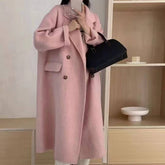 Eleganter handgenähter Doppelgesicht Wollmantel lang mit Drop-Shoulder in vier Farben für Damen