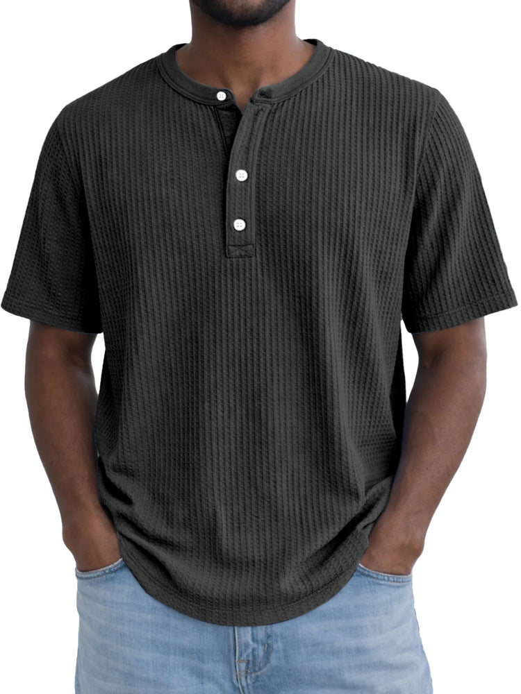 Short-Sleeve Waffle-Weave Henry Collar T-Shirt - Next Level