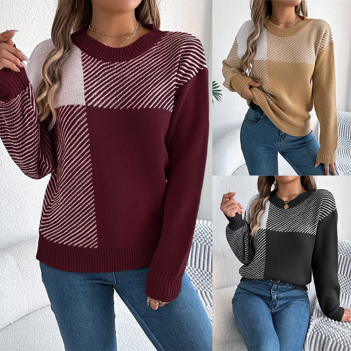 Karo-Pullover Damen mit Color-Block-Design und Kunstfell, langer Ärmel, trendiger Streetwear-Pullover für Damen