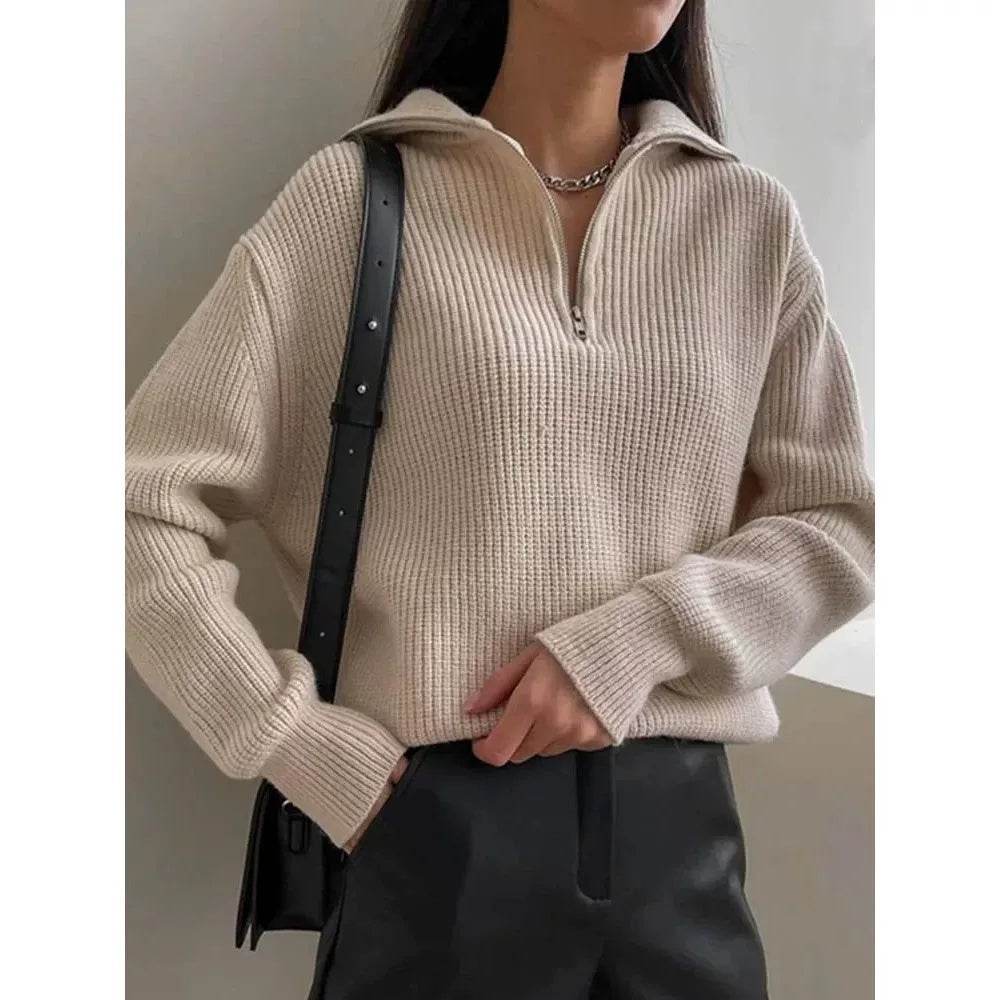 Damen Strickpullover locker oversized Langarm creme mit Reißverschluss und Rippstrick-Design