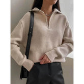 Damen Strickpullover locker oversized Langarm creme mit Reißverschluss und Rippstrick-Design