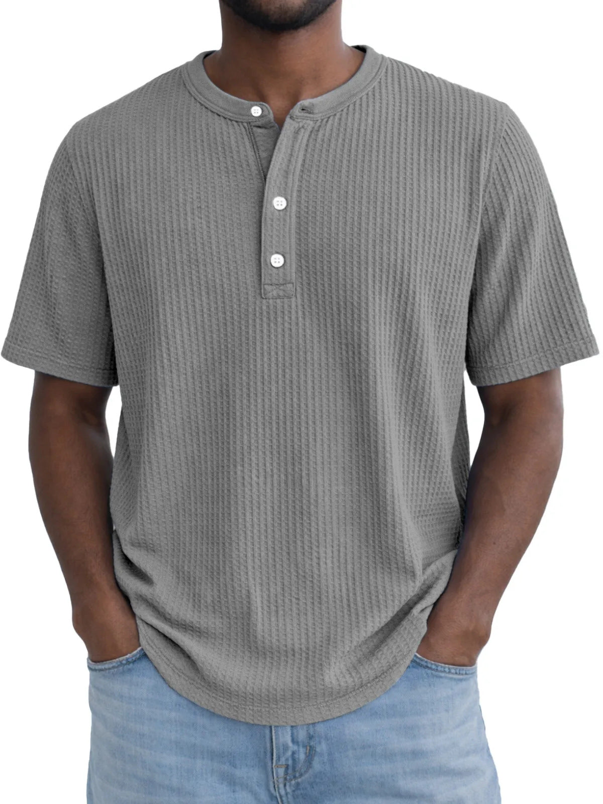 Short-Sleeve Waffle-Weave Henry Collar T-Shirt - Next Level