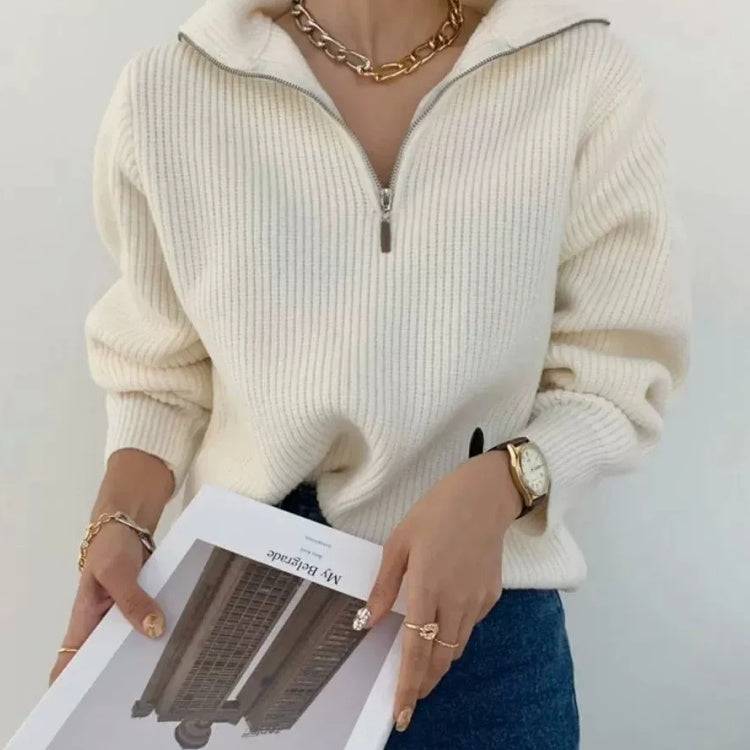 Damen Strickpullover cremefarben oversized mit Reißverschluss und langärmligem Design