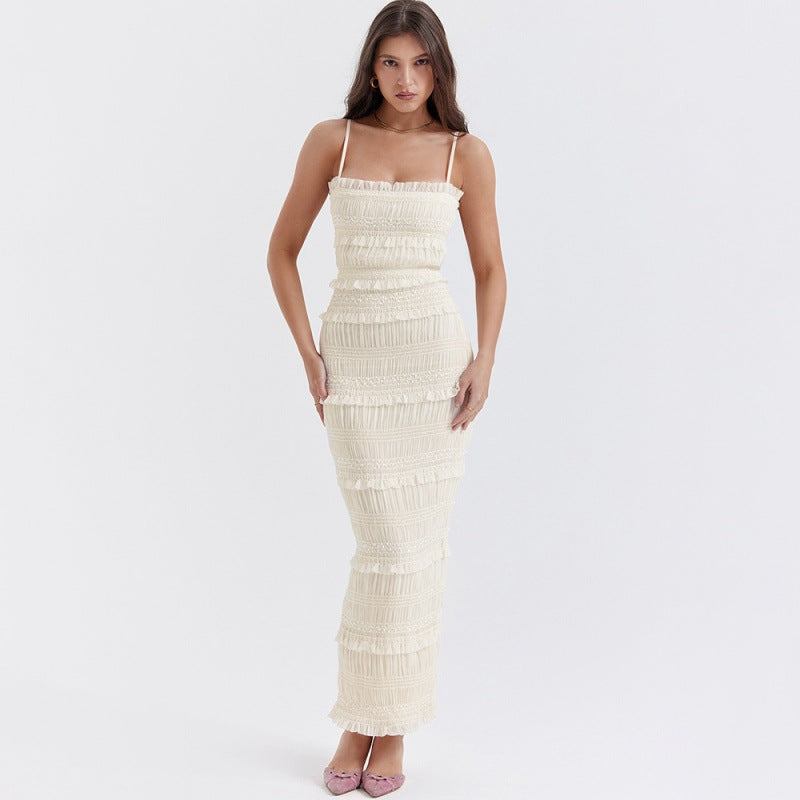Elegantes Maxi Slip-Kleid elfenbeinweiß mit Pailletten-Trägern und hochelastischer Passform