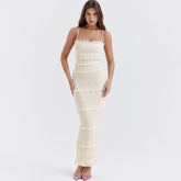 Elegantes Maxi Slip-Kleid elfenbeinweiß mit Pailletten-Trägern und hochelastischer Passform