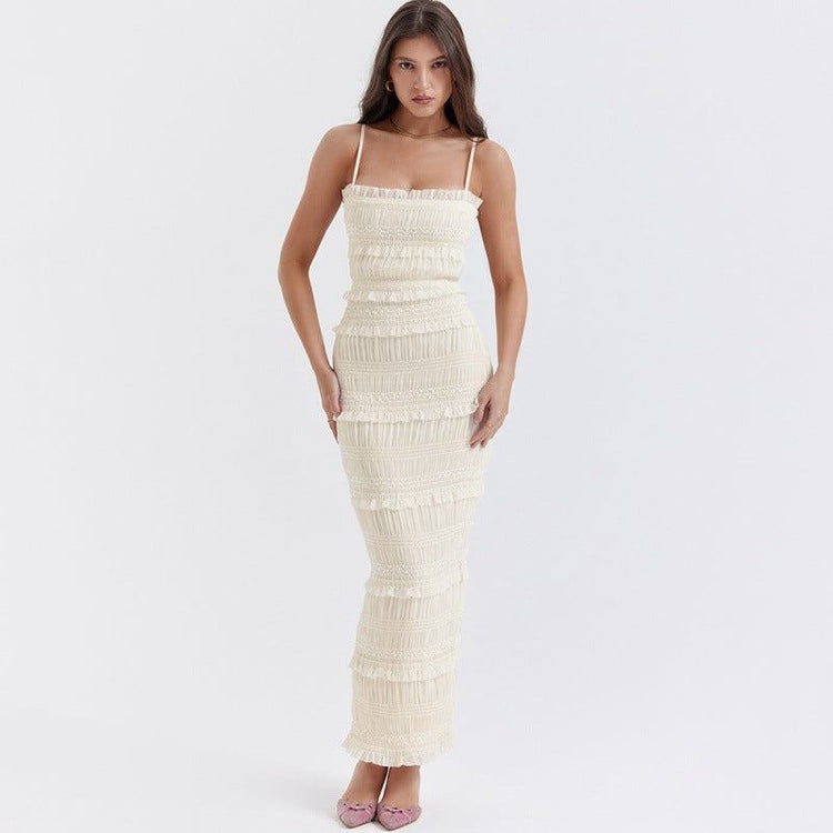 Elegantes Maxi Slip-Kleid elfenbeinweiß mit Pailletten-Trägern und hochelastischer Passform