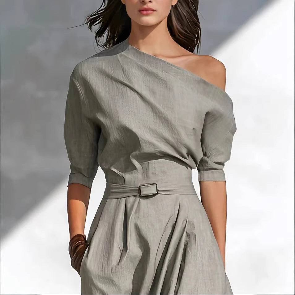 Damen Maxikleid graues asymmetrisches One-Shoulder Maxikleid mit langen Ärmeln für elegante Anlässe
