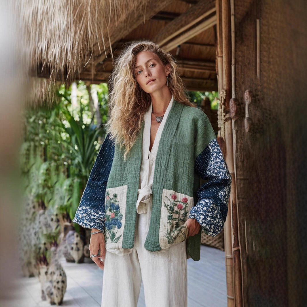 Damen Leinen Hemd Kurzarm ohne Knöpfe mit Ethno Print und 3D-Relief-Mustern in Shawl-Design