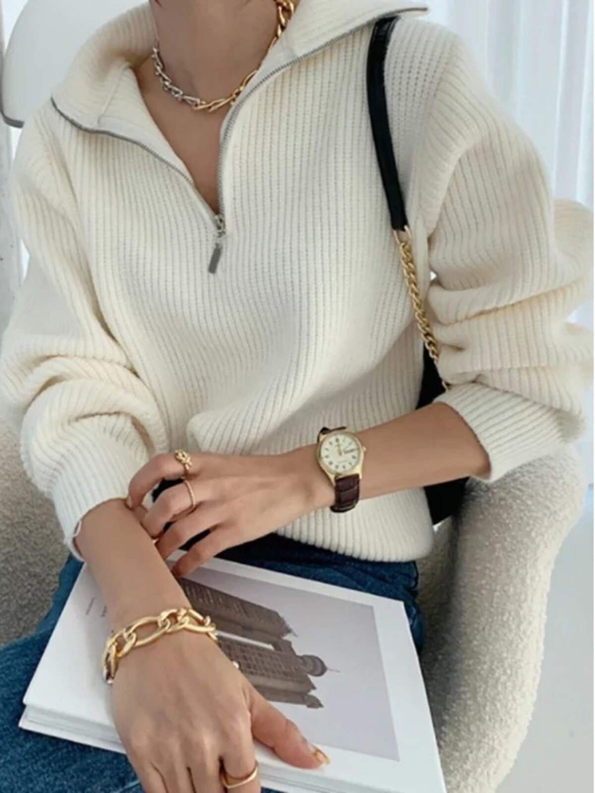 Damen Strickpullover in cremefarbenem Oversize-Design mit Reißverschluss und Rippstrick für Herbst und Winter