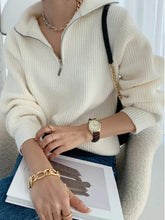 Damen Strickpullover in cremefarbenem Oversize-Design mit Reißverschluss und Rippstrick für Herbst und Winter