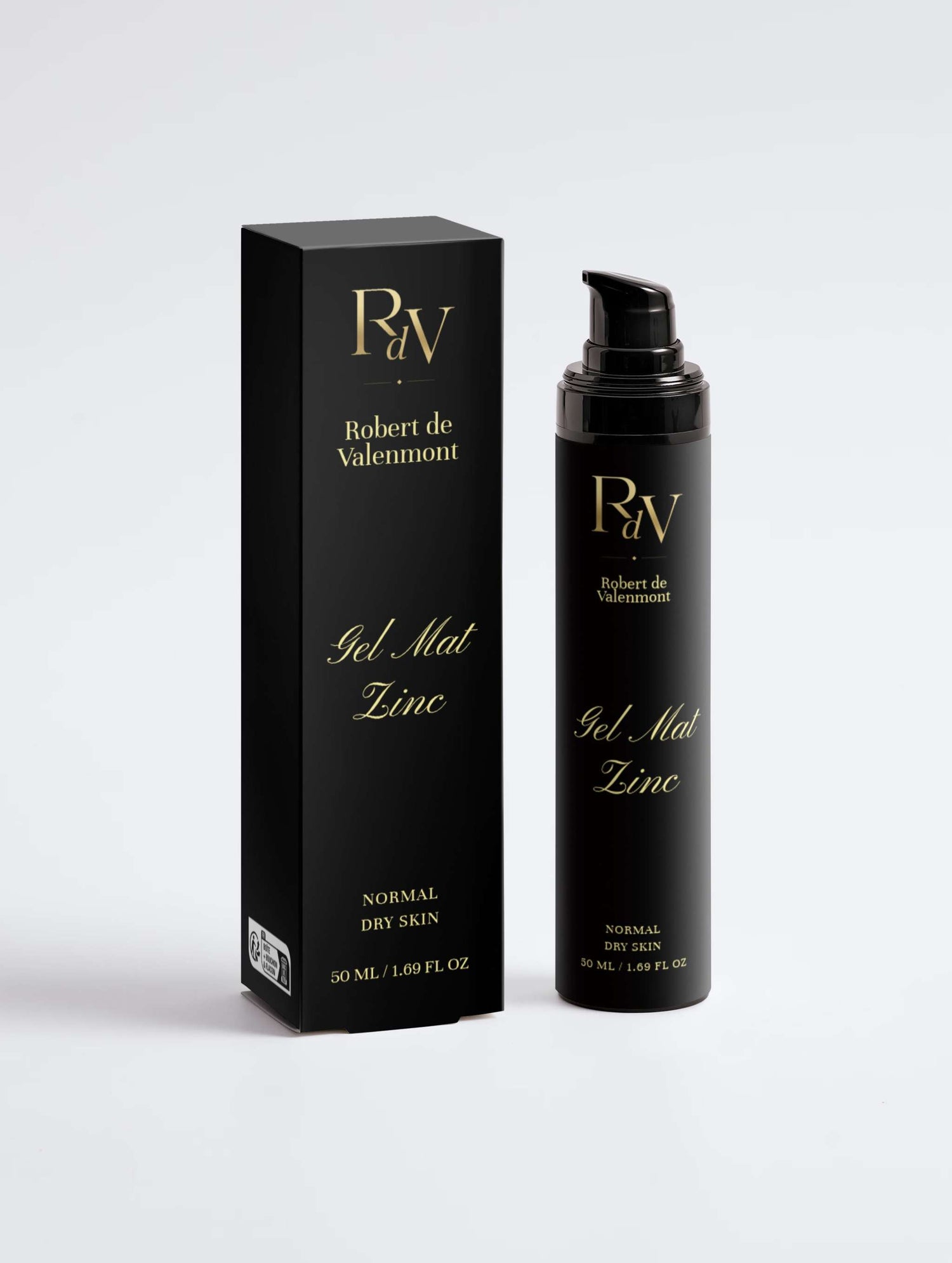 Zink-Gel-Matte von Robert de Valenmont, Pflegeprodukt mit glatter Textur auf einem weißen Hintergrund sichtbar.