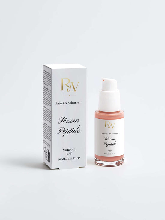Pflege-Serum mit Peptiden von Robert de Valenmont, Nahaufnahme der Flasche mit Pipette und Serum-Textur