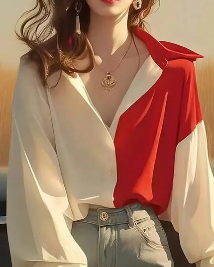 Red White Patchwork Shirts Long Sleeve - Trendy Contrast Design - Next Level