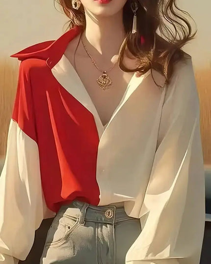 Red White Patchwork Shirts Long Sleeve - Trendy Contrast Design - Next Level