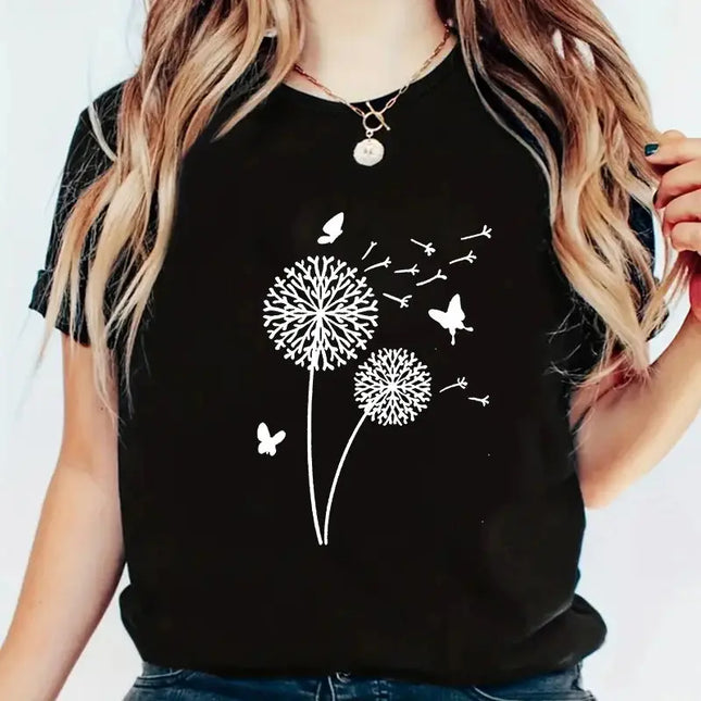 Women's Dandelion Pattern Top - New Round Neck Printed Style - Next Level