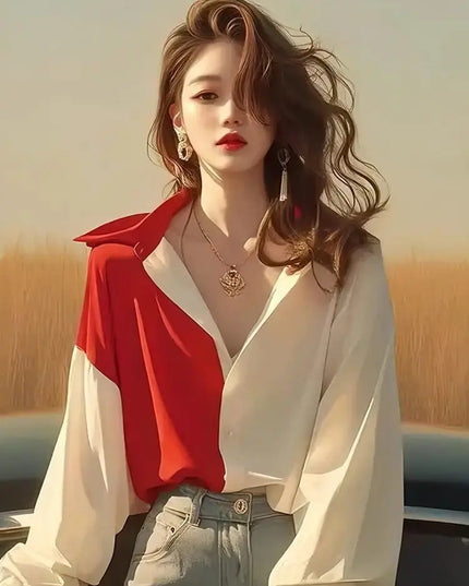 Red White Patchwork Shirts Long Sleeve - Trendy Contrast Design - Next Level