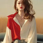 Red White Patchwork Shirts Long Sleeve - Trendy Contrast Design - Next Level