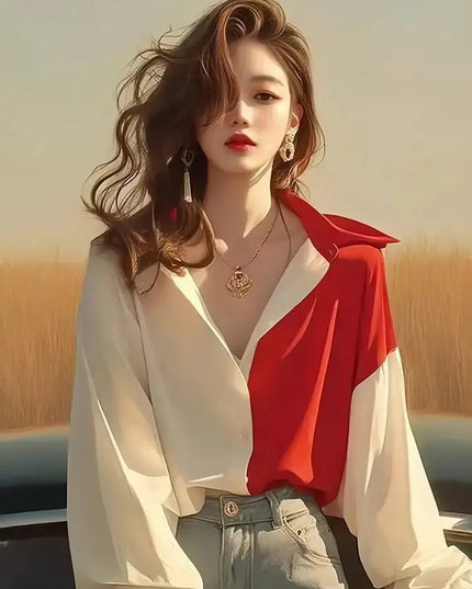 Red White Patchwork Shirts Long Sleeve - Trendy Contrast Design - Next Level