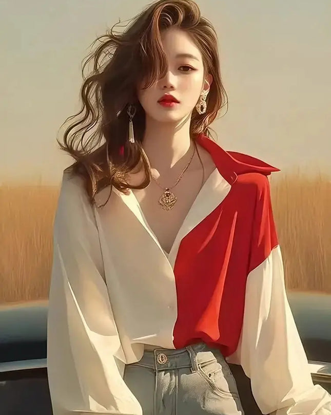 Red White Patchwork Shirts Long Sleeve - Trendy Contrast Design - Next Level