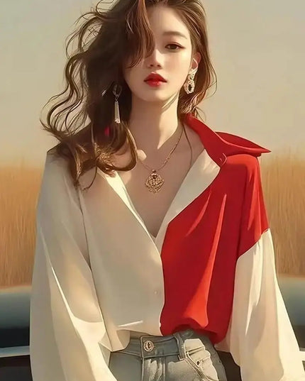 Red White Patchwork Shirts Long Sleeve - Trendy Contrast Design - Next Level