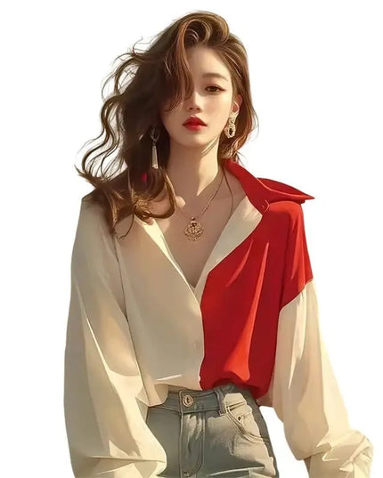 Red White Patchwork Shirts Long Sleeve - Trendy Contrast Design - Next Level