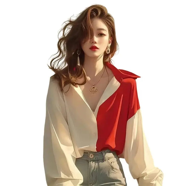 Red White Patchwork Shirts Long Sleeve - Trendy Contrast Design - Next Level