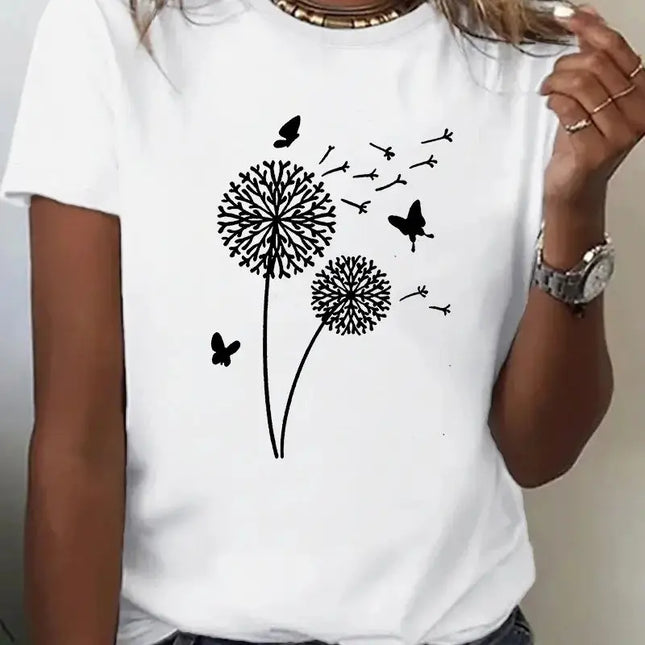 Women's Dandelion Pattern Top - New Round Neck Printed Style - Next Level